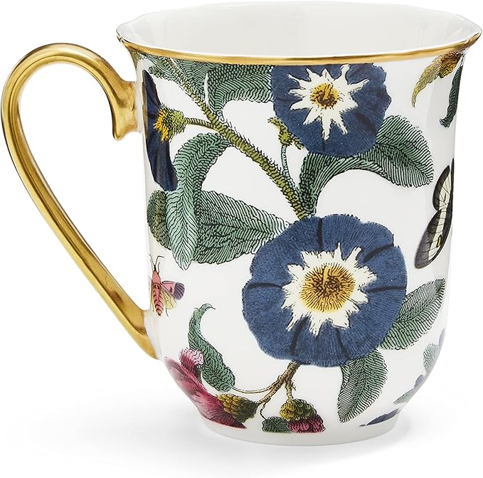 Spode Creatures of Curiosity 12oz Fine China Mug, White Floral Pattern - Porcelain Tea & Coffee Cup with 22ct Gold Handle and Rim - Elegant Vintage Inspired Drinkware, Boxed for Gifting