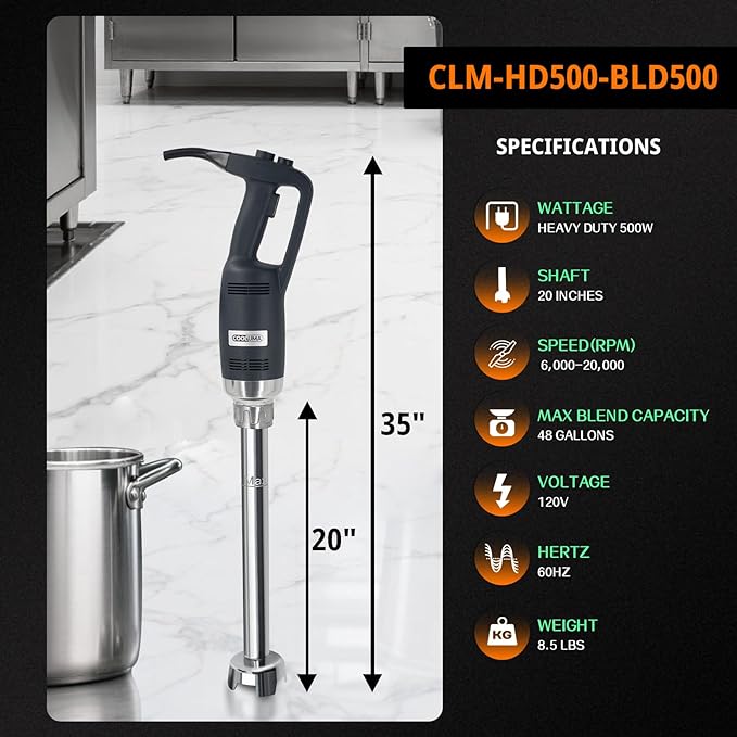COOLUMA Commercial Immersion Blender, 500W Heavy Huty Hand Blender, With 20 Inch Detachable Shaft, 48 Gallons Capacity, Professional Industrial Grade Commercial Hand Mixer.