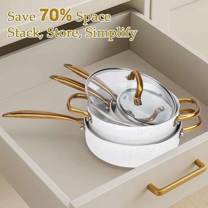 18PCS Nonstick Pots and Pans Set, Ceramic Cookware Set, Kitchen Cooking Sets, Oven/Dishwasher Safe, Space-Saving Design,Compatible with All Stovetops White