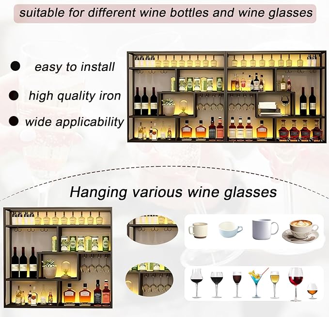 59.1in Large Wall Mounted Wine Rack, 4 Tier Wall Mount Bottle Rack with Glass Holder, Industrial Metal Floating Bar Liquor Bottles Display Storage Shelf for Dining Room, Kitchen (Gold, A,59.1in)
