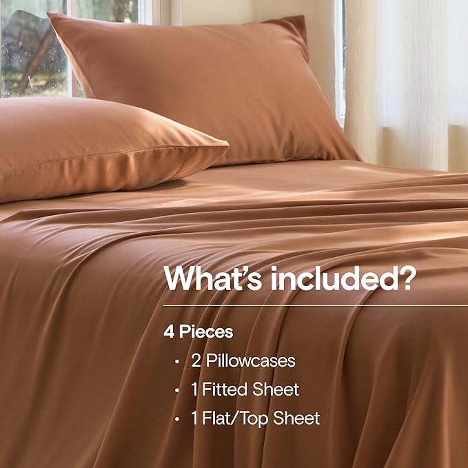 DOZ Sheet Set, 100% Viscose derived from Bamboo, Organically Grown, Buttery Soft, Cooling Sheets, High GSM, Deep Pockets - 4 Piece - 2 Pillowcases 1 Fitted Sheet 1 Top Sheet (Clay, King)