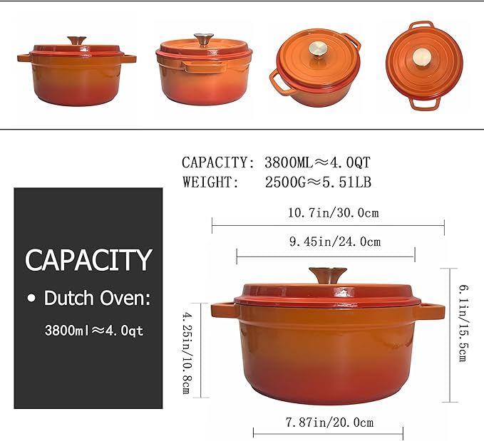 Enameled Cast Iron Dutch Oven with Lid, Orange, Round, 4Quart, Heat-Resistant Handles, for Cooking, Baking (Orange, 24CM)
