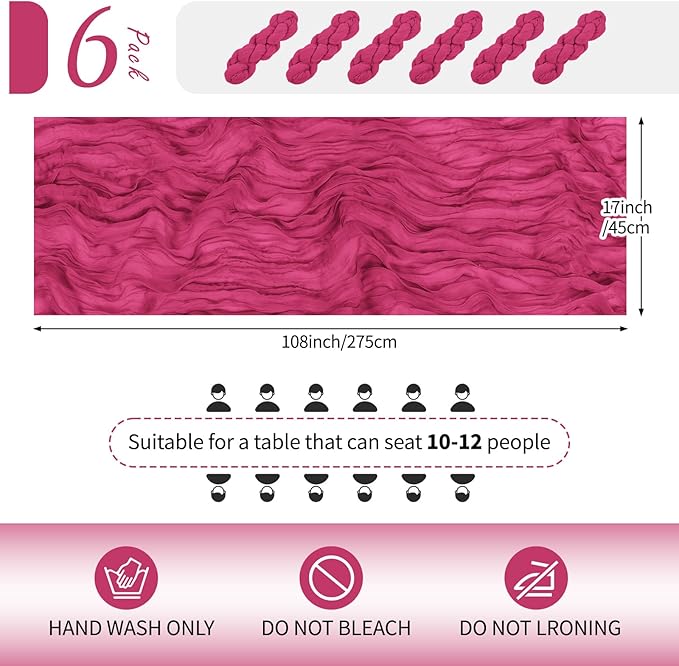 RealBox 6 Pack Hot Pink Cheesecloth Table Runner 17x108 Inch Semi Sheer Boho Gauze Cheese Cloth Fabric Table Runners Table Decor for Wedding Party Baby Shower Birthday Home Decor Garden Farmhouse