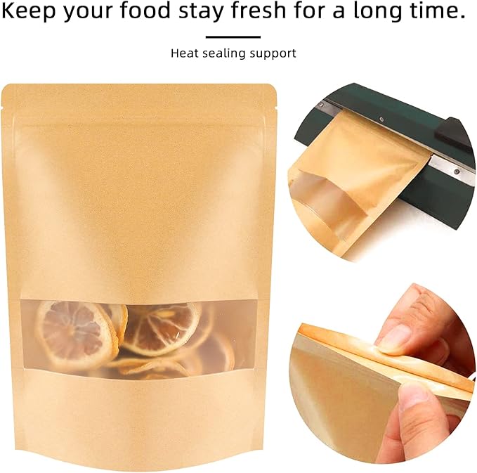 100 Pcs Kraft Stand Up Pouches 7.1 x 10.2 Inch Resealable Zip Lock Food Storage Bags with Matte Window for Packaging