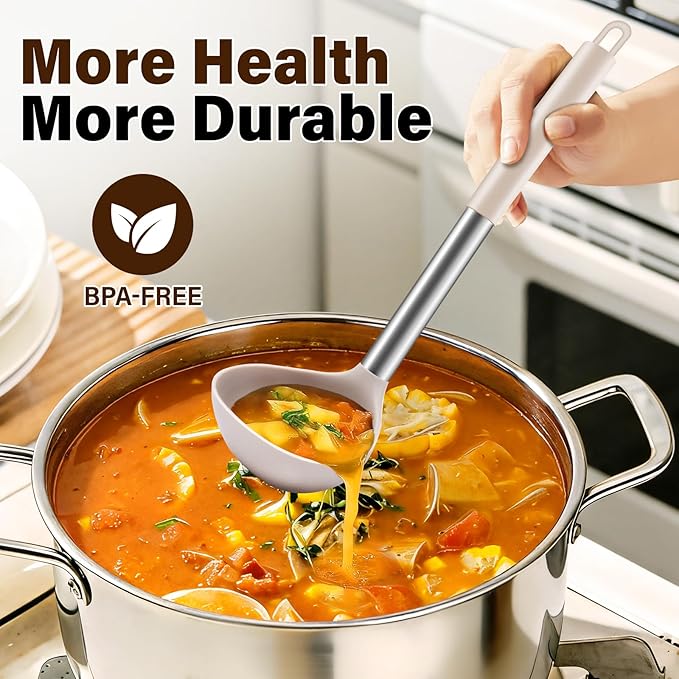 3Pcs Silicone Cooking Spoon Set, Kitchen Utensils Include Solid & Slotted Spoon, Soup Ladle, Food-Grade Heat Resistant 446째F, Non-Scratch Spoons for Serving, Stirring, Draining, Dishwasher Safe, Khaki