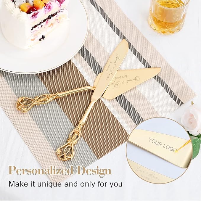 Wedding Cake Knife and Server Set, Personalized Gold Cake Cutting Set for Wedding, Engraved Classic Cake Knives Cutter Set, Pie Pastry Server, Birthday Bridal Gift (CUS-Crown)