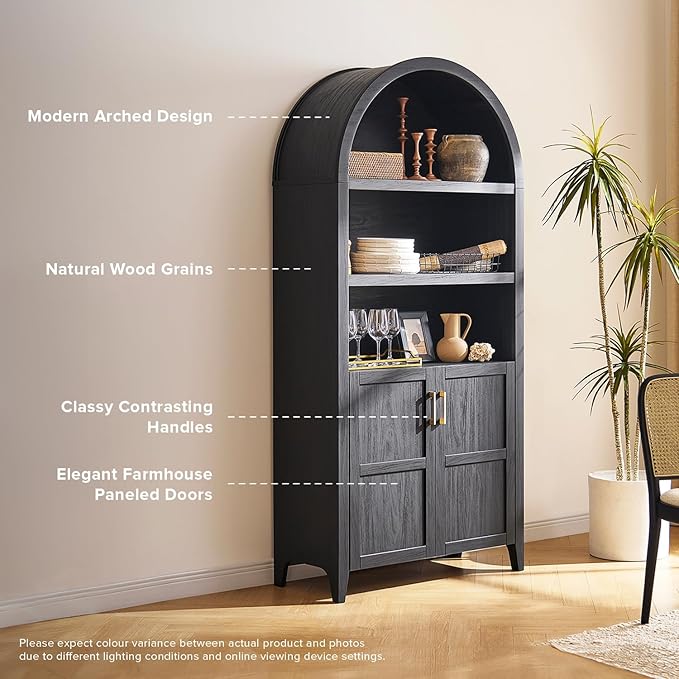 mopio Lauren 77.4" Tall Arched Cabinet, The Original 5-Tier Bookcase with Doors and Adjustable Shelves, Arch Bookshelf with Storage, Wooden Storage Cabinet for Living Room and Kitchen Pantry (Black)