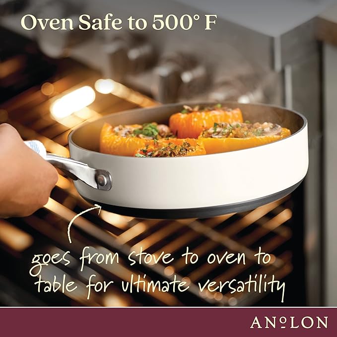 Anolon Achieve Hard Anodized Nonstick Saut챕 Pan with Lid, 3 Quart - Cream