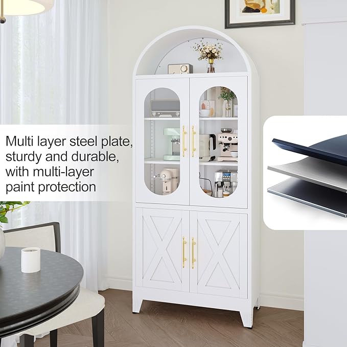 73" H Metal Tall Arched Kitchen Pantry Cabinet, Modern Farmhouse China Storage Cabinets with Glass Door and Adjustable Shelves, Versatile Cupboard for Kitchen, Dining Room, Bathroom (White)