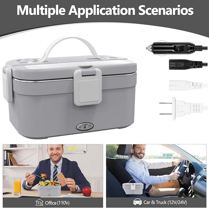 HaureiGi Electric Lunch Box for Adults, 80W Portable Warmer Leakproof Food Heater for Car Truck Work, 1.8L Heated LunchBoxes with Insulated Lunch Bag 12V 24V 110V(Gray)