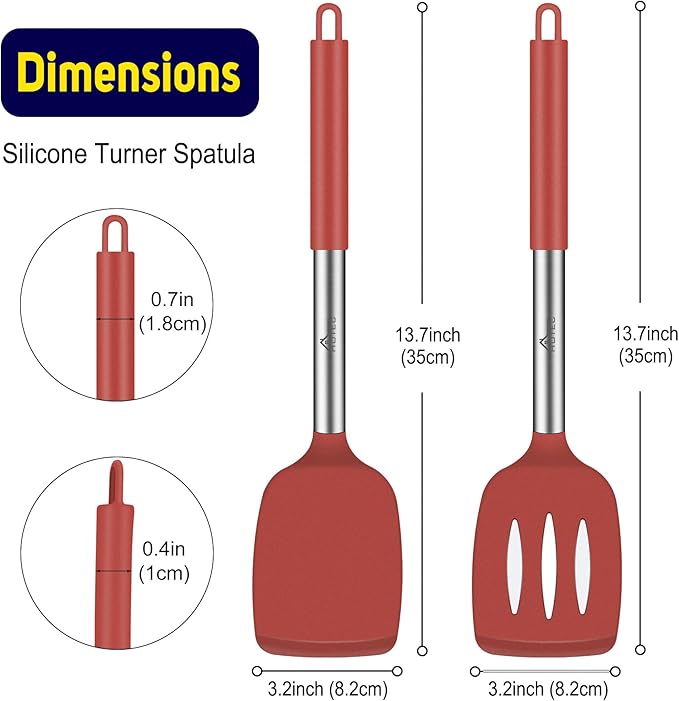 HOTEC Silicone Spatula Set of 2 Heat-Resistant 600째F & BPA-Free Kitchen SaptulaTurner with Stainless Steel Handles, Slotted & Solid Spatulas for Nonstick Cookware, 13.7 Inch, Red