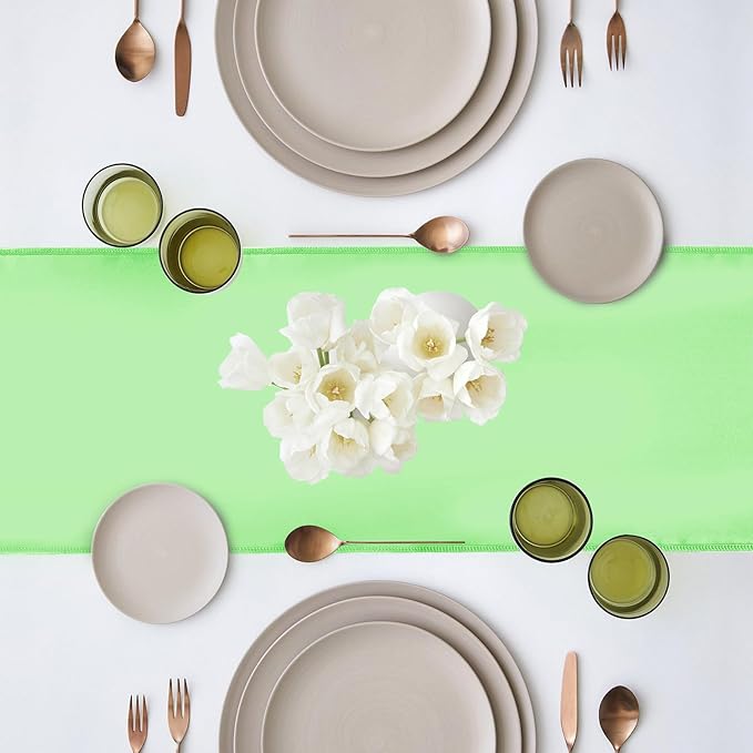Yblut 10 Pack Satin Table Runner 12 x 108 Inch Long Green Silk Table Runner for Wedding Party Banquet Birthday Decoration