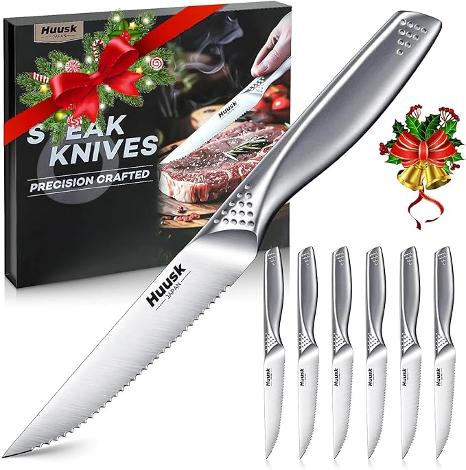 Huusk Serrated Steak Knives Set - 4.5" Japanese Stainless Steel Steak Knives Set of 6, Sharp Dishwasher Safe Dinner Knife for Kitchen Table with Gift Box, Christmas Gifts for Men Women