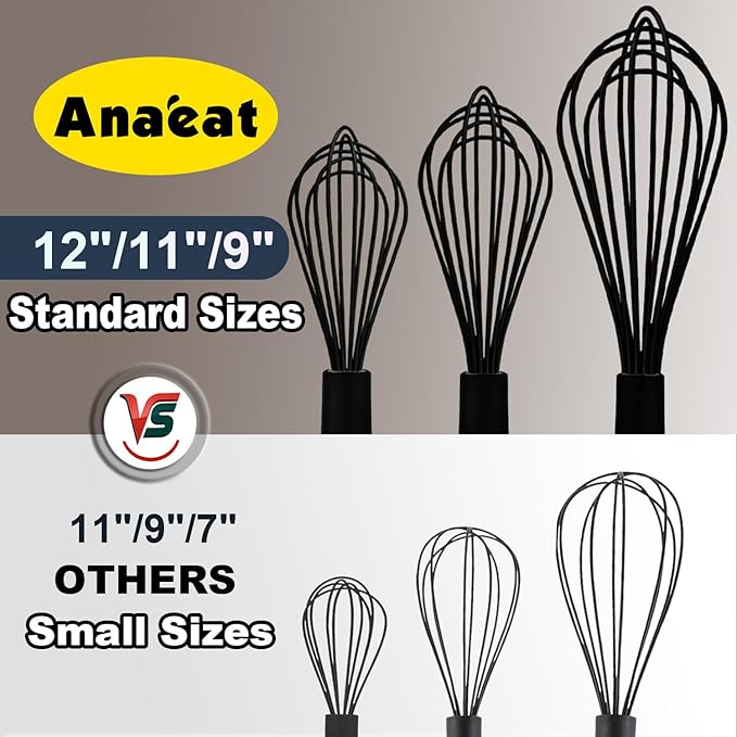 Anaeat Silicone Balloon Whisk, Perfect for Non-Stick Cookware, Milk and Egg Beater Blender, Heat Resistant Kitchen Whisks for Whisking, Cooking, Baking, Beating, Frothing & Stirring (Black)