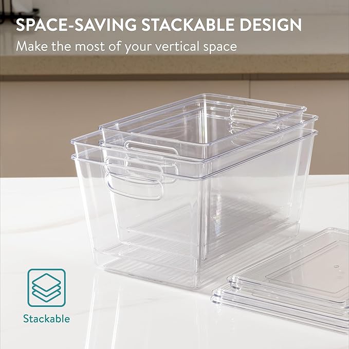 Navaris Fridge Storage Containers with Lids - Stackable Space-Saving Organizers - Large Capacity for Kitchen Pantry Organization - Set of 4 (3QT/4.9QT - 2.85L/4.6L)