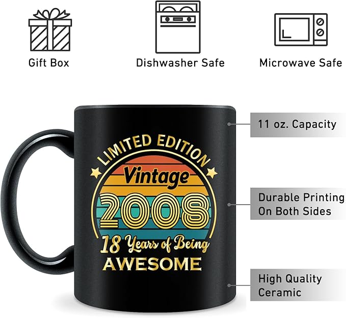 QUPT 18th Birthday Gifts for Girls Boys, 18th Birthday Gifts for Him, 2008 Birthday Gifts for Girls Boys, 18 Years Old Gifts, 2008 Birthday Gifts for Her Him, 18th Birthday Presents Coffee Mug