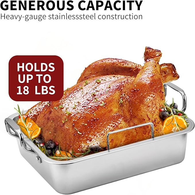 Roasting Pan with Cooling Rack - Stainless Steel Large Turkey Roaster Pan for Turkey, Chicken, Ham Roaster with V-Shaped Baking Rack Heavy Duty Dishwasher Safe