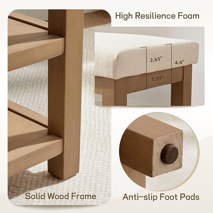 Zihanhome 2 Tier Shoe Rack Bench with Cushion, Solid Wood Shoe Benches, Mid-Century Modern Shoe Storage Bench for Entryway, Hallway, Living Room, Closet, Front Door Entrance, (Beige, 46.5")