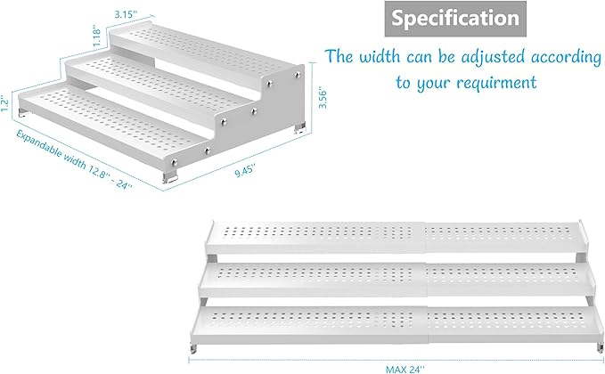 Spice Rack Organizer for Cabinet, 3 Tier Expandable Shelf, Great for Kitchen Cabinets, Cupboard,Pantry and More,Metal Plate with Hole (2 Packs/White,9.45" D x 12.8"~24?쏬 x 3.56" H)