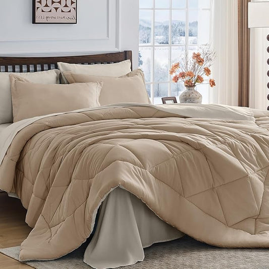 HEVUMYI Khaki & Linen Twin-XL Comforter Set - 5-Piece All Season Bed in a Bag Twin-XL, Ultra Soft Bedding Set with Comforter, Flat Sheet, Fitted Sheet, Pillowcases, Pillow Shams