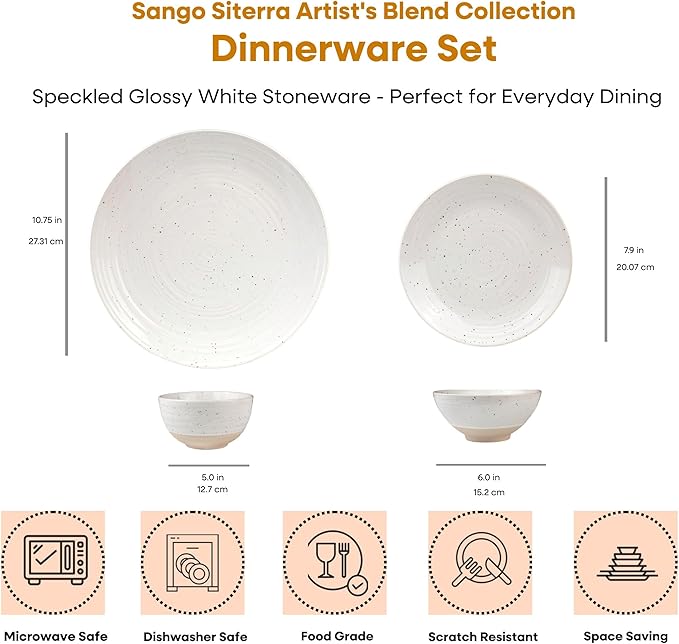 Sango Siterra 16-Piece Rustic White Stoneware Dinnerware Set ??Service for 4, White with Glossy Speckle Overlay, for Everyday Dining & Entertainment, Microwave & Dishwasher Safe