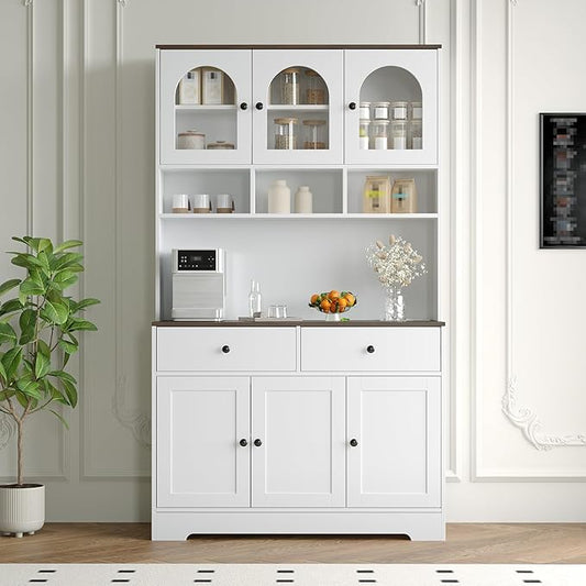 Garvee Kitchen Pantry Cabinet with Open Storage Shelves, 71" Tall Food Pantry Cabinet, Farmhouse Freestanding Kitchen Hutch with Countertop Glass Door Display & Charging Station for Dining Room