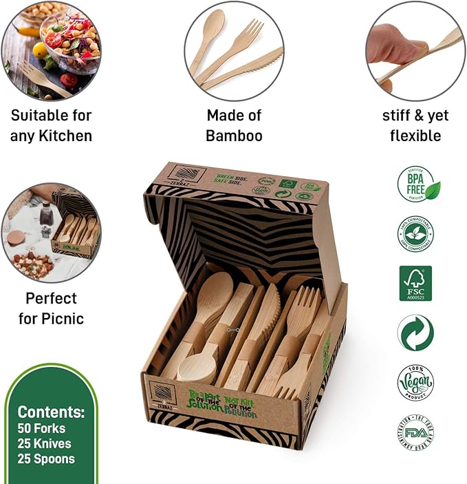 2ZEBRAZ Bamboo Cutlery Set ??100 Disposable Utensils (50 Forks, 25 Knives, 25 Spoons) | Reusable Smooth Flatware, Heavy-Duty Natural Tableware for Parties, Catering & Dining