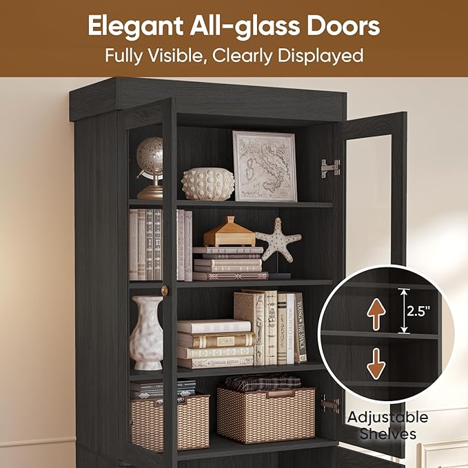 71" Tall Farmhouse Bookshelves with Glass Doors, Rustic Large Bookcase with Adjustable Shelves, Wooden Storage Cabinet for Living Room, Kitchen, Home Office, Dining Room, Black Glass Door(3 Pcs)