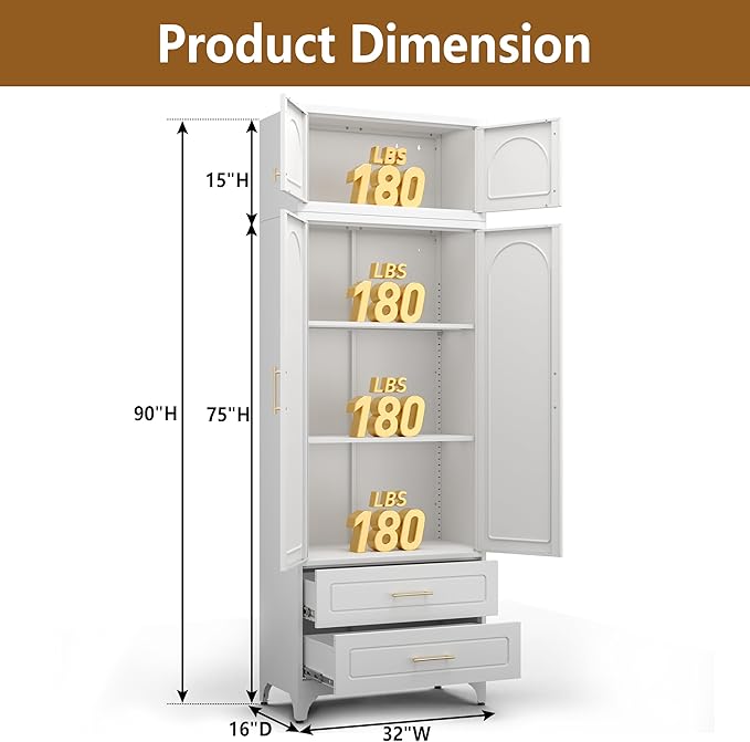 Kitchen Pantry Cabinet with 2 Drawers, 90" Tall Metal Storage Cabinets with Doors and Shelves, Food Cupboards for Dining, Living Room, 16" D x 32" W x 90" H, White, Assembly Required