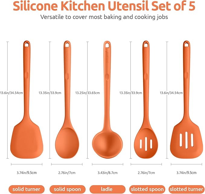 Silicone Kitchen Cooking Utensil Set: U-Taste 600쨘F Heat Resistant 13.6in Extra Long Kitchen Tools, Food-Grade Non-Stick Spatula Turner Spoon Ladle for Stir Frying, Serving, Mixing (5 Pieces, Orange)