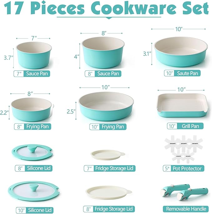 SENSARTE 17 Piece Ceramic Pots and Pans Set, Nonstick Detachable Handle Cookware, Induction Kitchen Cookware Set with Removable Handle, Dishwasher 竊?Oven Safe (Turquoise)