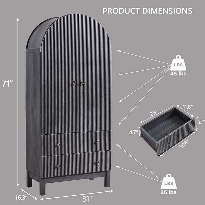 71" Tall Arched Pantry Cabinet, Fluted Kitchen Storage Cabinet with Adjustable Shelves and 2 Large Drawers, Freestanding Morden Versatile Cupboard for Living Room, Bathroom, Dark Gray
