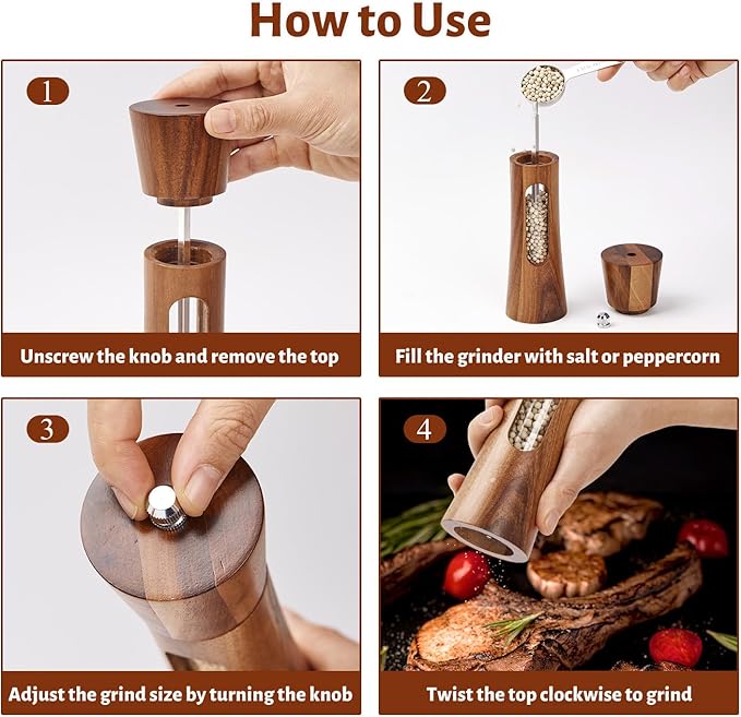 8 Inch Wooden Pepper Grinder, Acacia Wood Pepper Mill with Stainless Steel Core, Manual Pepper Mill with Comfort Grip & Effortless Grinding for Kitchen Cooking