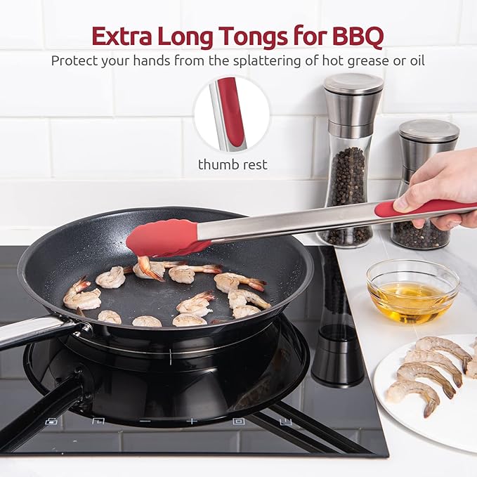600쨘F Heat Resistant Kitchen Tongs: U-Taste 16 inch Extra Long Large Silicone Cooking Tong with Sturdy Non Stick Rubber Tips & Non Slip Silicon Coated 18/8 Stainless Steel Handle for Grilling BBQ(Red)