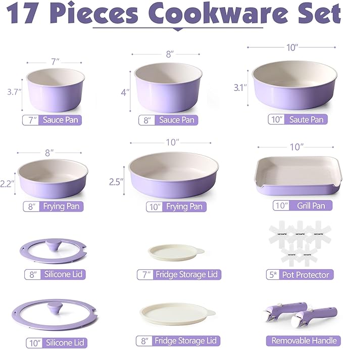SENSARTE 17 Piece Ceramic Pots and Pans Set, Nonstick Detachable Handle Cookware, Induction Kitchen Cookware Set with Removable Handle, Dishwasher 竊?Oven Safe (Purple)
