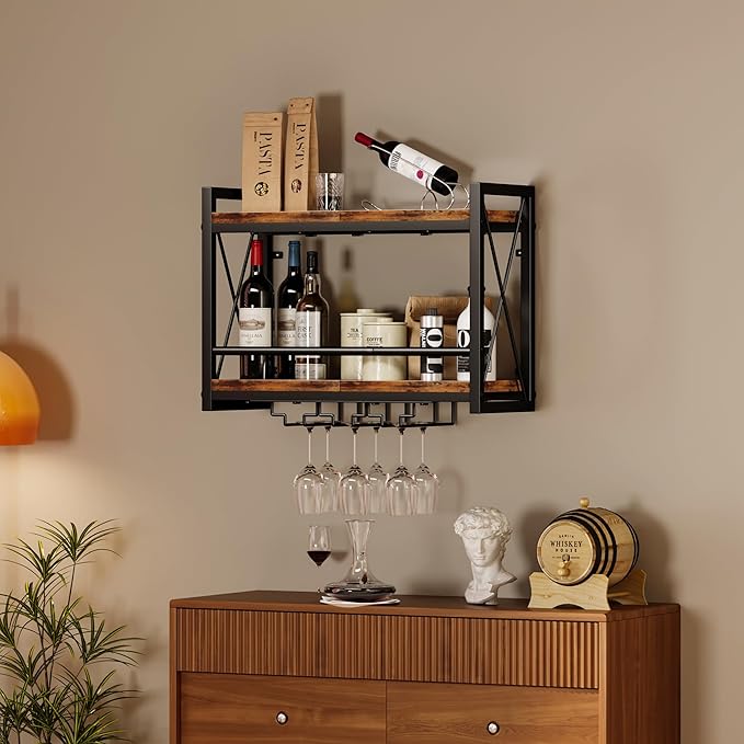 Homeiju Wall Mounted Wine Rack, Bottle & Glass Holder Wood-Metal Retro Wine Rack, Wine Bottles Display Wall Storage for Kitchen Dining Room Home Bar