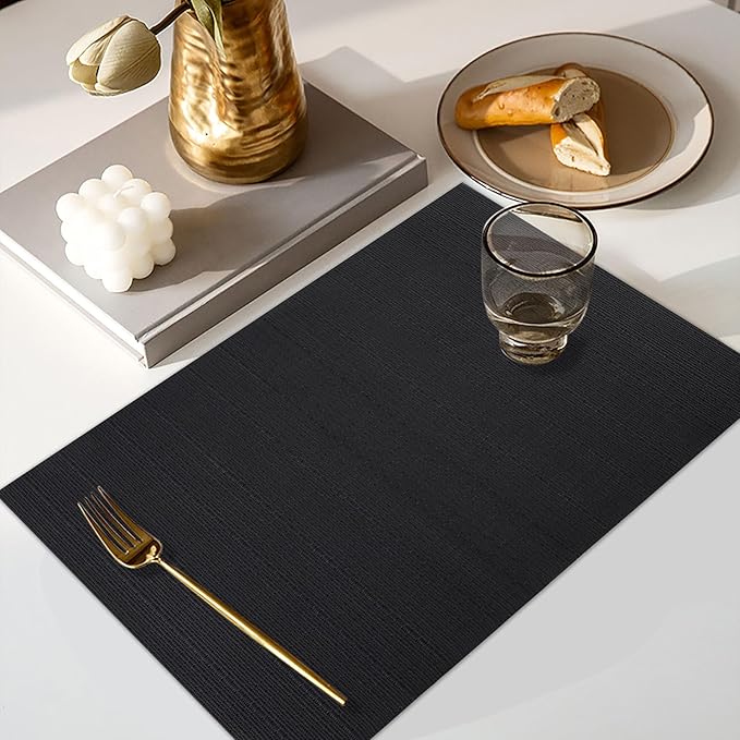 LANDVIEW Vinyl Placemats Set of 8, PVC Woven Washable Non-Slip Table Mats, Heat Resistant Wrinkle Free Place Mats for Dining Table, Easy to Clean (8, Black)