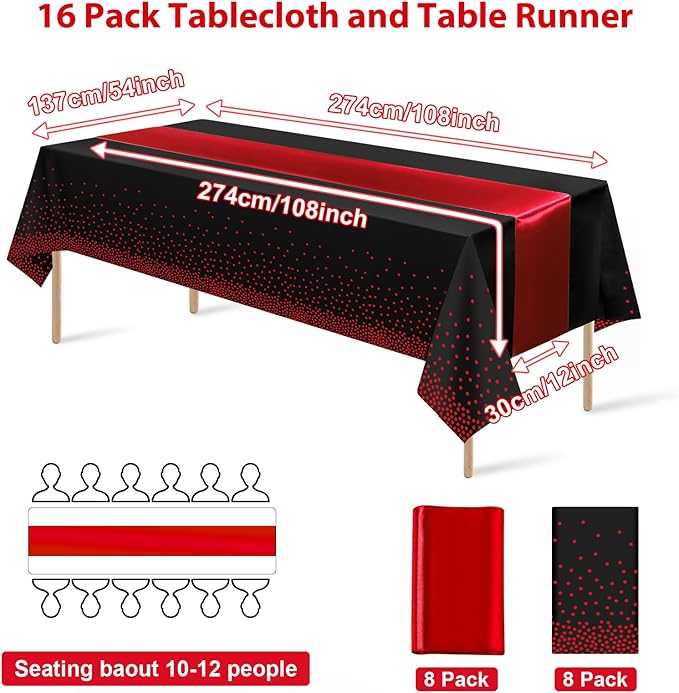 16Pack Disposable Plastic Party Tablecloths and Satin Table Runner Set Black and Red Dot Table Cloth Red Satin Table Runner for Wedding Birthday Baby Shower Anniversary Holiday Party Decorations
