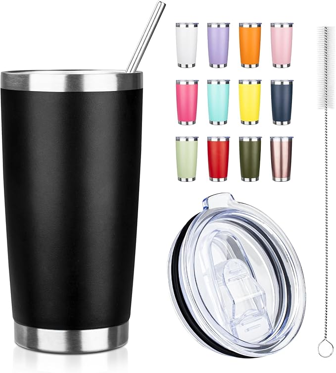 ATIKZHE 20oz Tumbler with Straw and Brush, Stainless Steel Vacuum Insulated tumbler, Double Wall Insulated Coffee Tumbler for Outdoor, Home, Travel,Office (Black,1pcs)