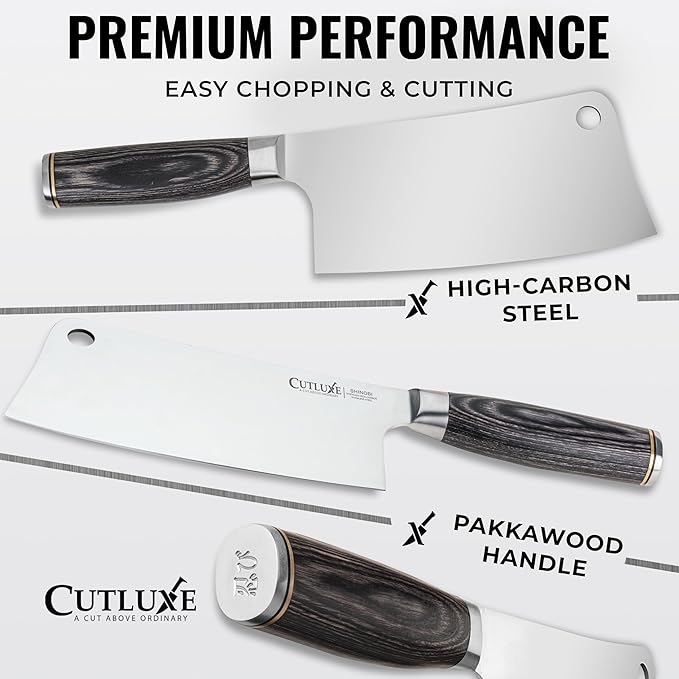 Cutluxe Meat Cleaver Knife ??Ultra Sharp 7" Meat Cleaver, Butcher Knife, High Carbon Stainless Steel Blade, Full Tang Pakkawood Handle ??Shinobi Series