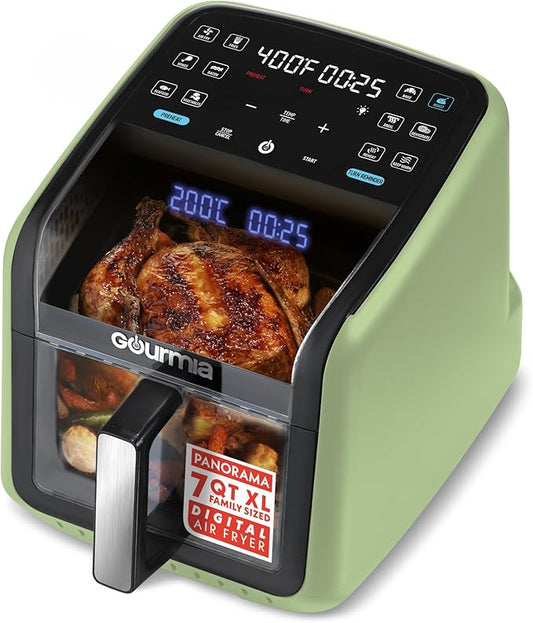 Gourmia Air Fryer 7 QT - Easy View Panoramic Window & Interior Light, Guided Cooking with 12 One-Touch Presets, FryForce 360, Dishwasher Safe Accessories, Green