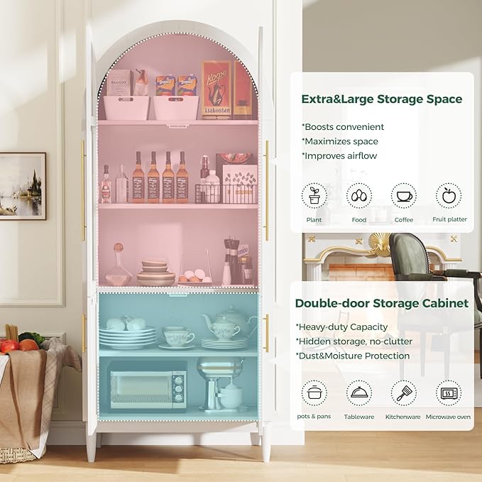 71?쒪rched Kitchen Pantry Cabinet, Stylish Arched Bookcase & Multi-Use Storage Cabinet with Glass & Rattan Doors, Ideal as Kitchen Pantry, Living Room Display, or Entryway Organizer ??White