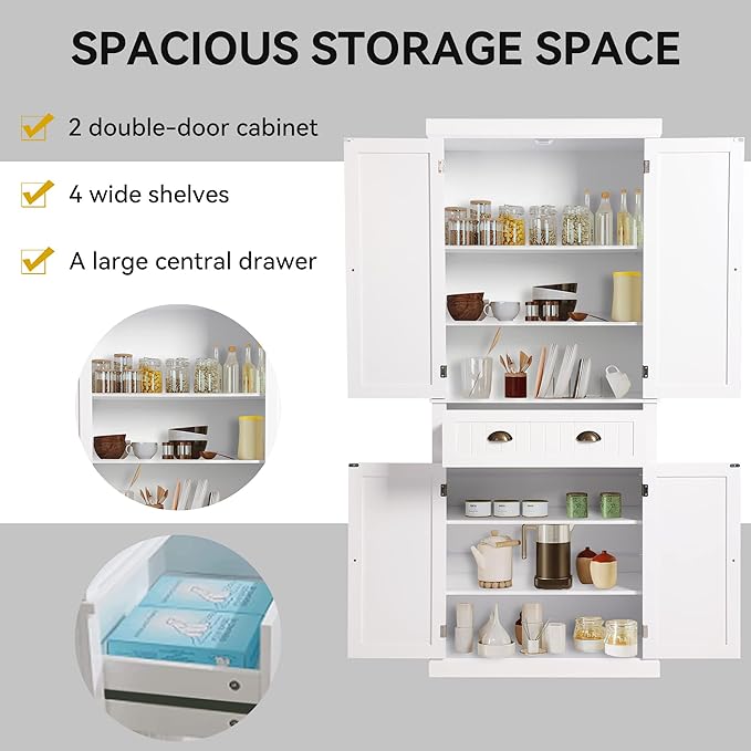 72" Kitchen Pantry Storage Cabinet, Freestanding Cupboard with 2 Cabinets, Drawer and Adjustable Shelves, Tall Storage Cabinet for Kitchen, Dinning Room, Living Room (White)