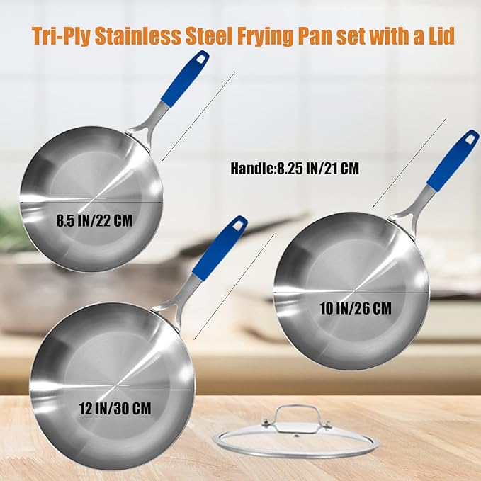 Inqibee 8.5-10-12 Inch Tri-Ply Stainless Steel Frying Pan Set with Lids,Skillets,Induction Cooking Pans,Pots and Pans Set,Dishwasher and Oven Safe,Detachable Handle