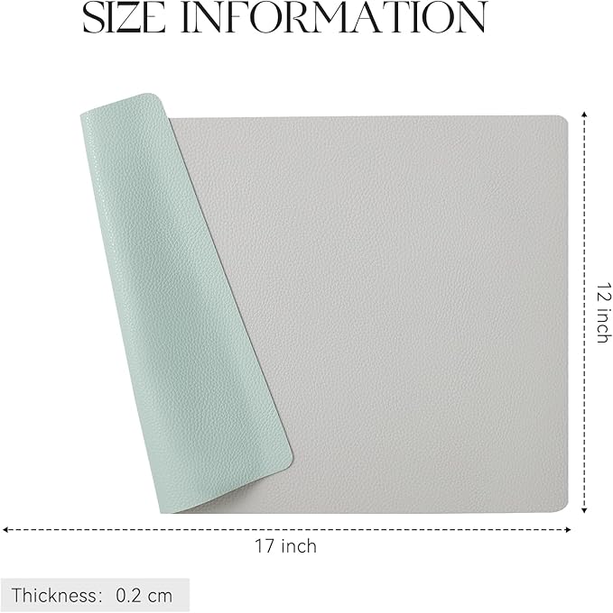 MOSAYT Vinyl Placemats Set of 6, Heat Resistant Place Mats 100% Waterproof Washable & Wipeable Faux Leather Reversible Table Mats for Kitchen Dining Party Outdoor, 12" x 17", Light Grey/Aqua