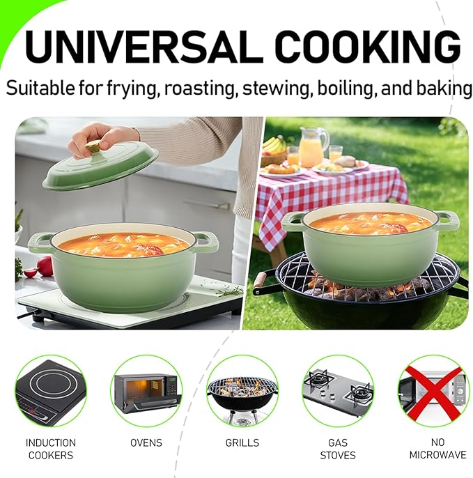 Dutch Oven Pot with Lid, 5 Quart Enameled Cast Iron Dutch Oven, Dual Handles, Kitchen Pots Oven Safe up to 500째F, Stovetop Compatible, Marinate, Cook, Bread Baking, Refrigerate & Serve, Green