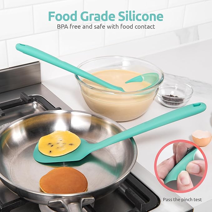 600쨘F Heat Resistant Kitchen Utensil: U-Taste 13.6" Extra Long Silicone Cooking Tools Set, Food-Grade Non-Stick Solid and Slotted Turner Spatula, Mixing Spoon, and Soup Ladle (5 Pieces, Aqua Sky)