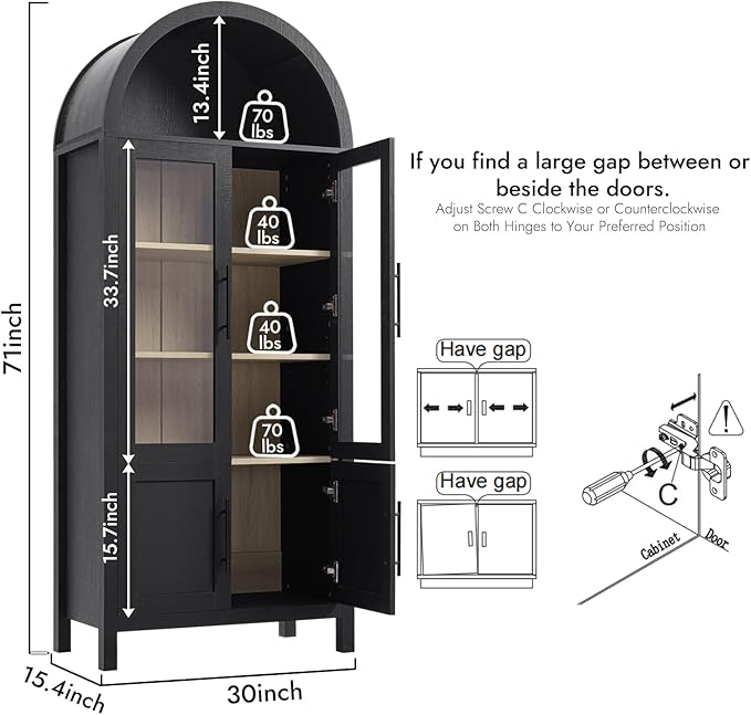 71" Tall Arched Display Cabinet, 5-Tier Bookshelf Modern Farmhouse Arched Bookcase with Glass Doors and Shelves, Wooden Pantry Storage Cabinet for Living Room, Office and Kitchen, Black
