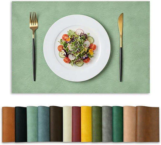 Artoid Mode Sage Faux Leather Placemats Set of 4, 12x18 Inch Waterproof Wipeable Heat Resistant Place Mats, Reversible Table Mats for Spring Kitchen Dining Decor