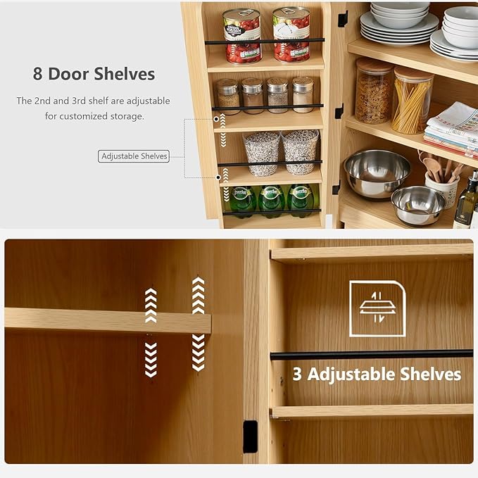 72" Tall Farmhouse Kitchen Pantry Cabinet with 8 Door Shelves, Curved Design Storage Cabinet with 3 Adjustable Shelves, Hidden Drawer, Versatile Cupboard for Kitchen, Dining & Bathroom (Nature)